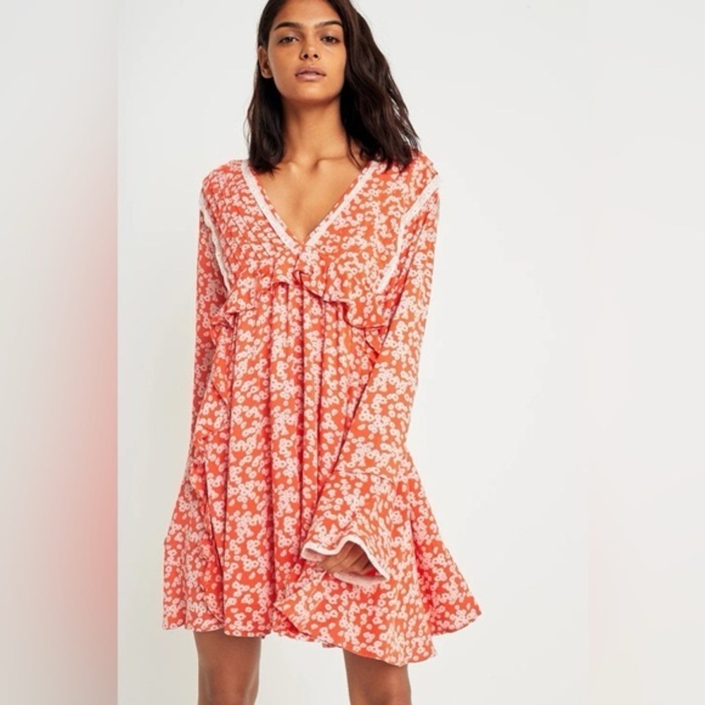 Free People Like You Best Floral Mini Dress Coral Bell Sleeve Boho Small S